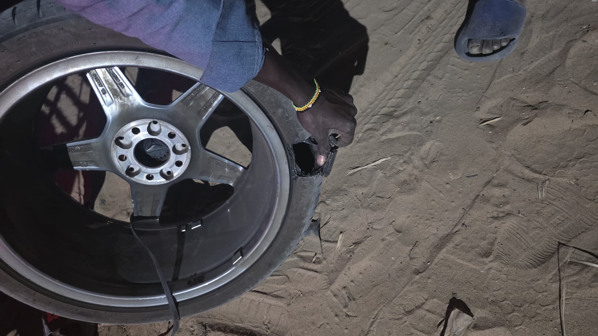 Tyre burst being repaired